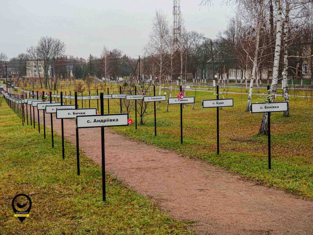 Aleja z nazwami wysiedlonych wsi po katastrofie w Czarnobylu